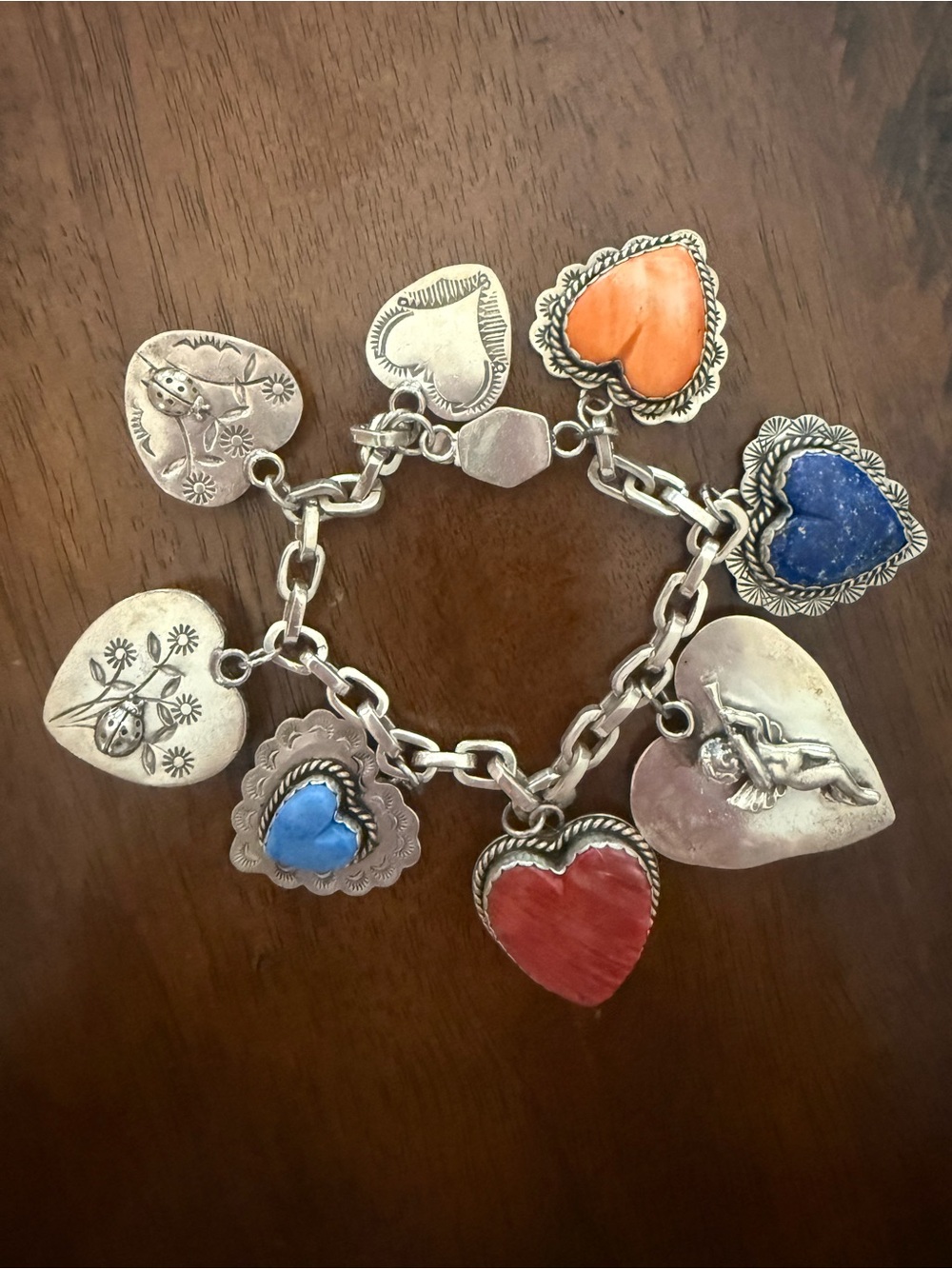 Silver-Tone Heart Charm Bracelet with Red, Blue & Orange Stone Hearts